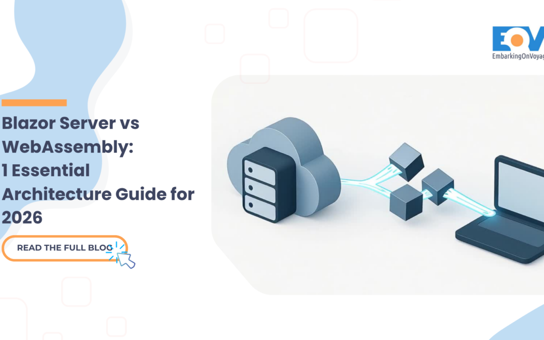 Featured image for the Blazor Server vs WebAssembly architecture guide, showing an illustration of data flowing securely between a cloud server and a client browser.