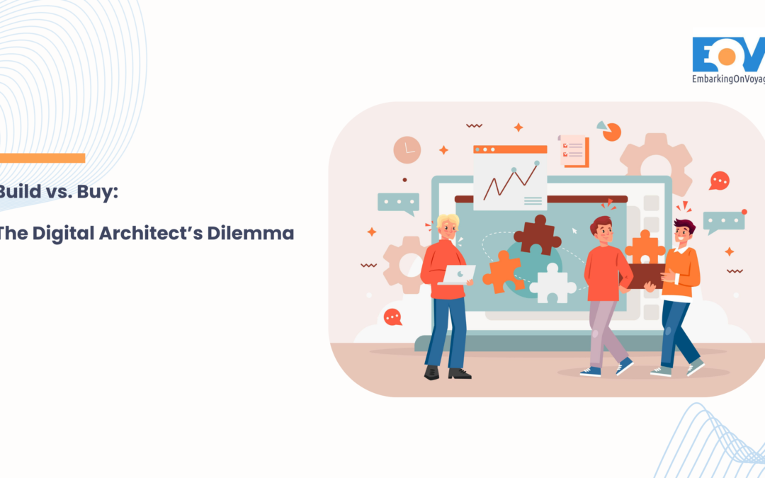 Abstract 3D illustration representing the Build vs Buy software architecture dilemma