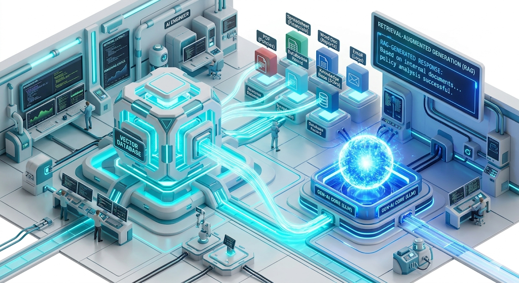 Isometric 3D render of a Retrieval-Augmented Generation Enterprise AI architecture pipeline showing data retrieval from a vector database.