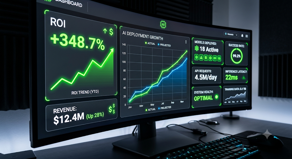 A sleek, dark-mode analytics dashboard showing high ROI, successful AI deployments, and climbing growth charts.