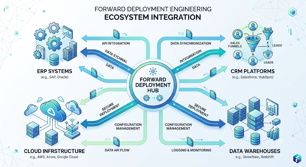 Diagram illustrating enterprise technology landscape integration by a forward deployment engineering company in Pune India.