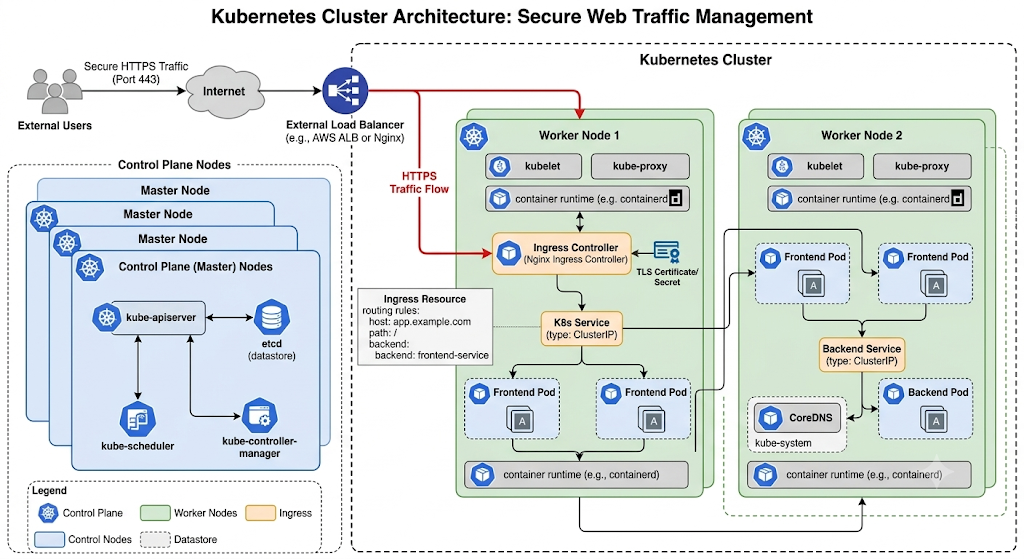 Technical architectural diagram of a Kubernetes cluster used for scalable enterprise deployments.