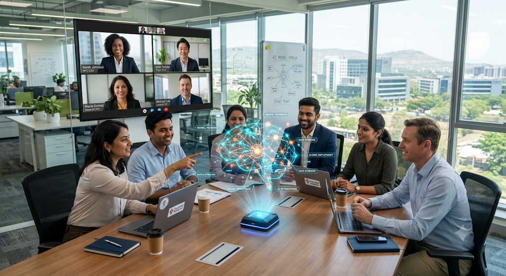  Global business leaders collaborating with a forward deployment engineering company in Pune India on AI implementation.