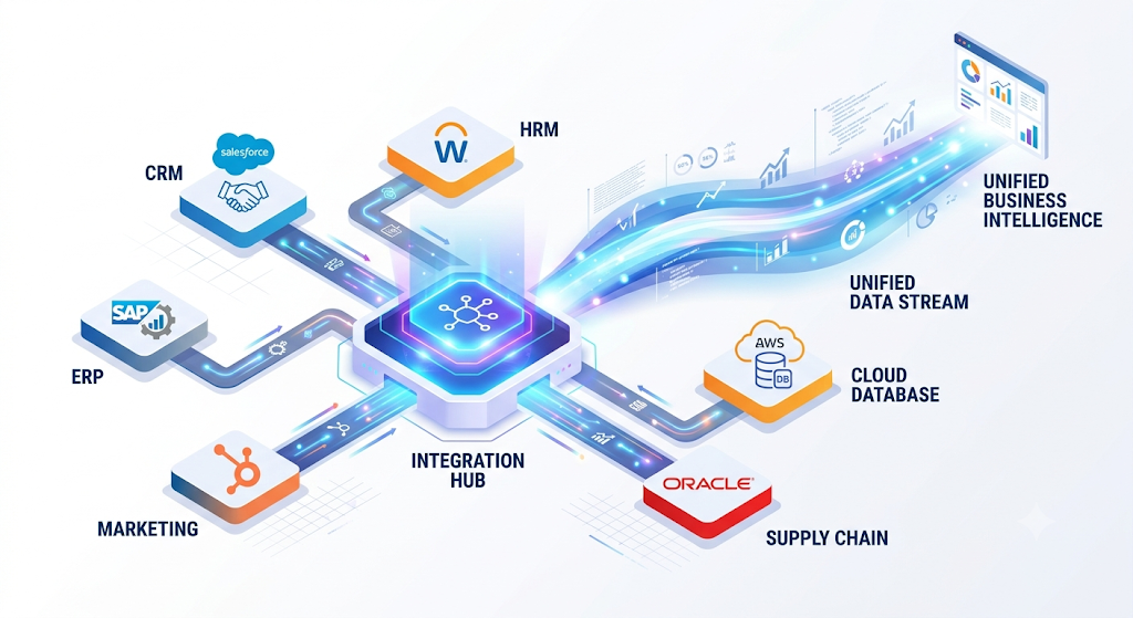 Isometric diagram showing enterprise software systems integrated into a single data workflow by an Indian FDE team.