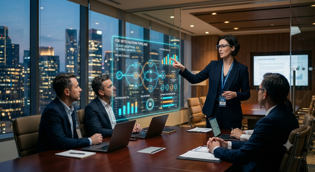 A diverse team of tech professionals and business executives collaborating around a holographic workflow dashboard, representing business transformation.