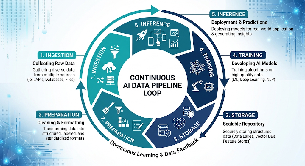 Core stages of custom data pipeline development for AI showing continuous feedback loops