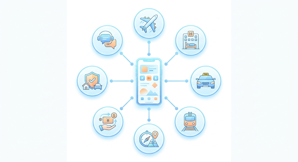 Travel super app ecosystem with flights, hotels, cabs, tours and payments in one app