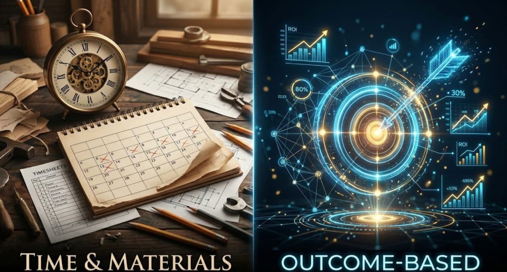 Comparison of traditional IT billing vs outcome-based pricing models.