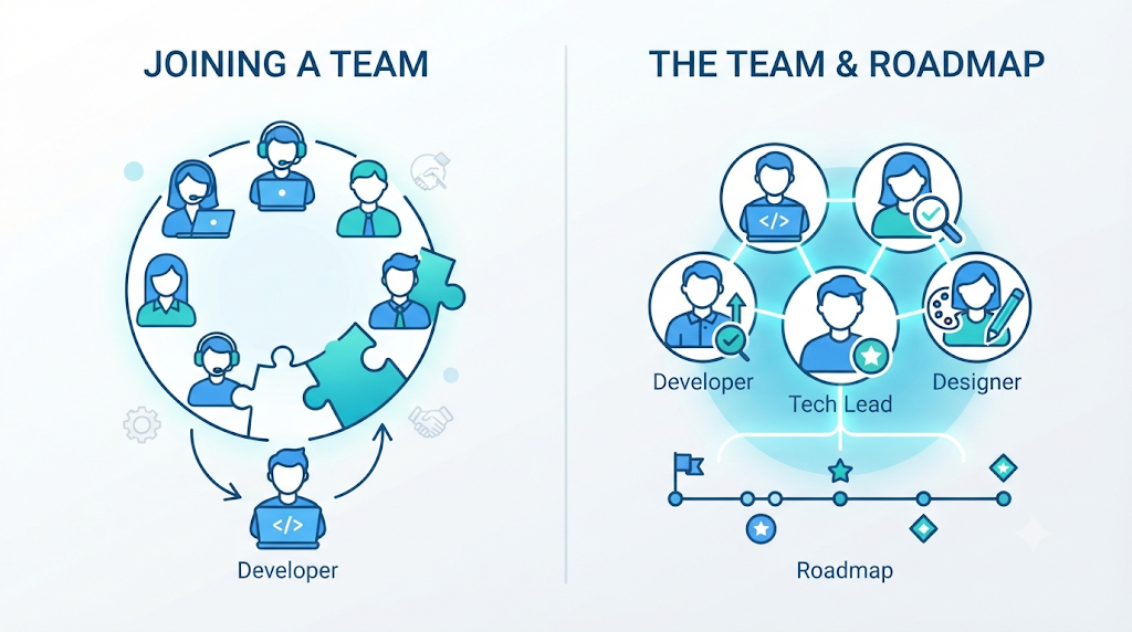  Infographic showing how staff augmentation adds individuals while a dedicated development team works as one unit 