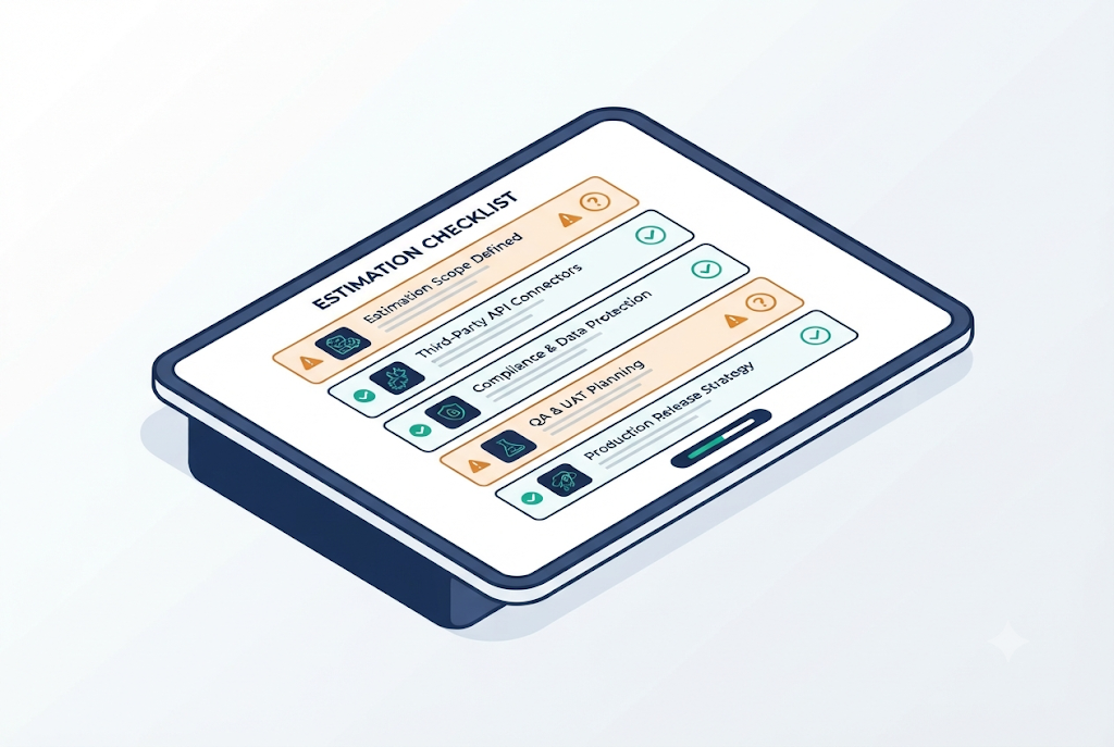 Software project estimation checklist showing requirements, integrations and validated assumptions 