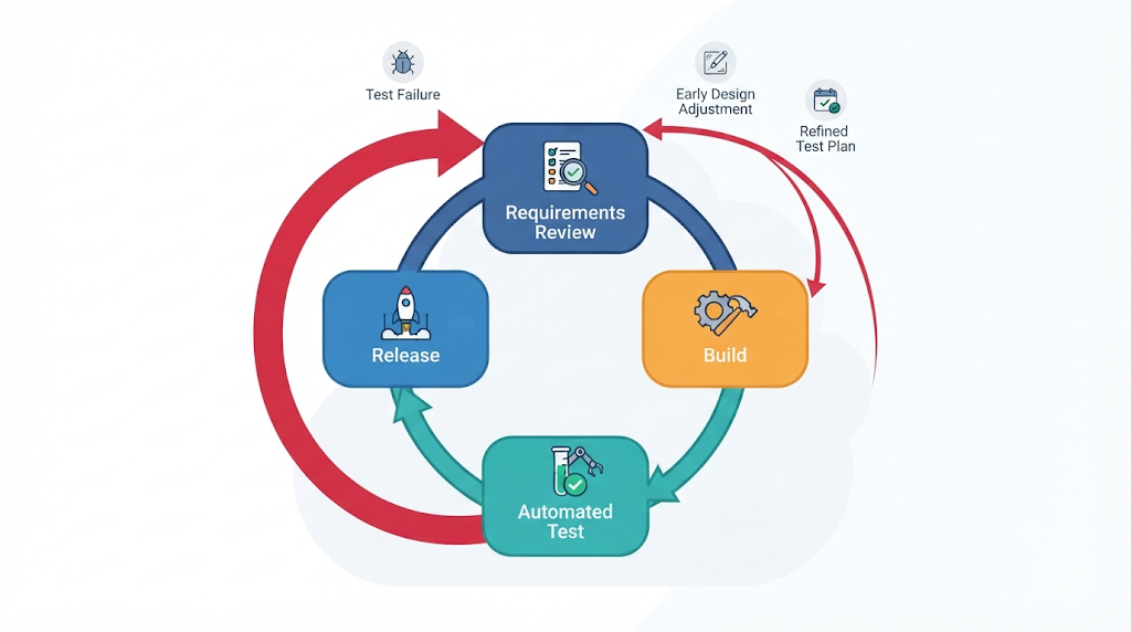 Diagram showing how early requirement reviews and automated testing reduce software rework