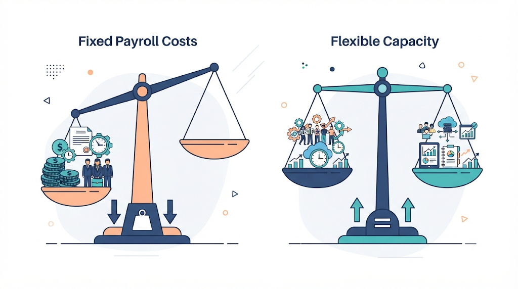 Balance showing fixed payroll costs versus flexible capacity when you scale a digital agency