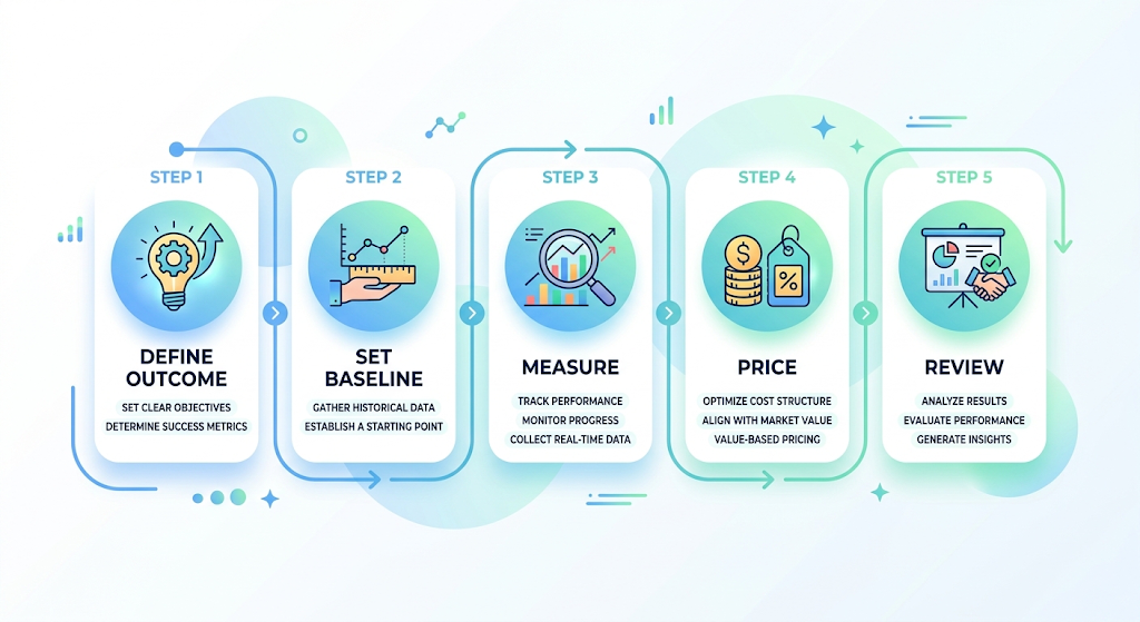 Five-step outcome based billing process from defining the outcome to regular review